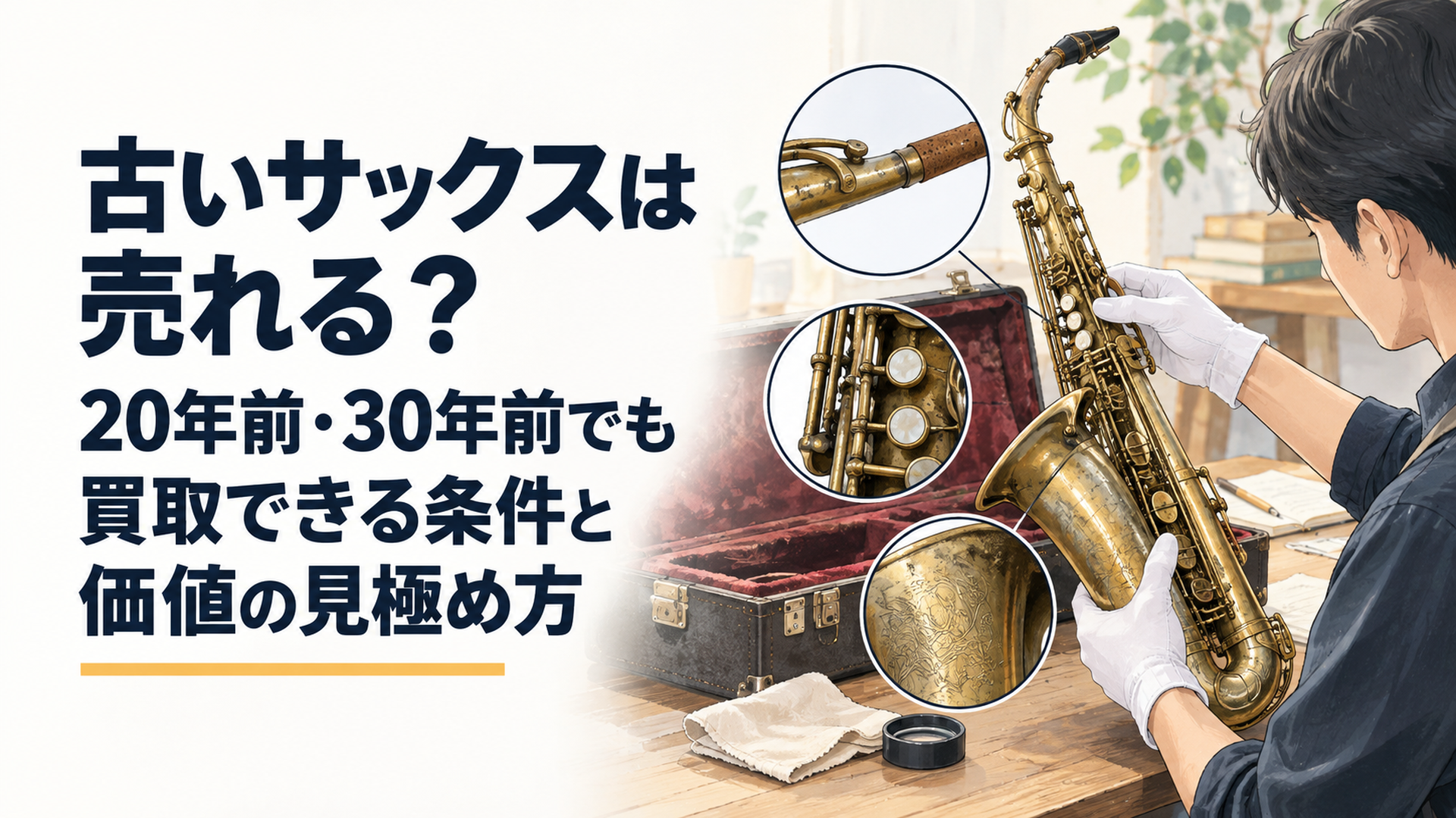 長年ケースで保管されていた古いサックスを取り出し、刻印やネック、キーの状態を丁寧に確認して価値を見極めている場面