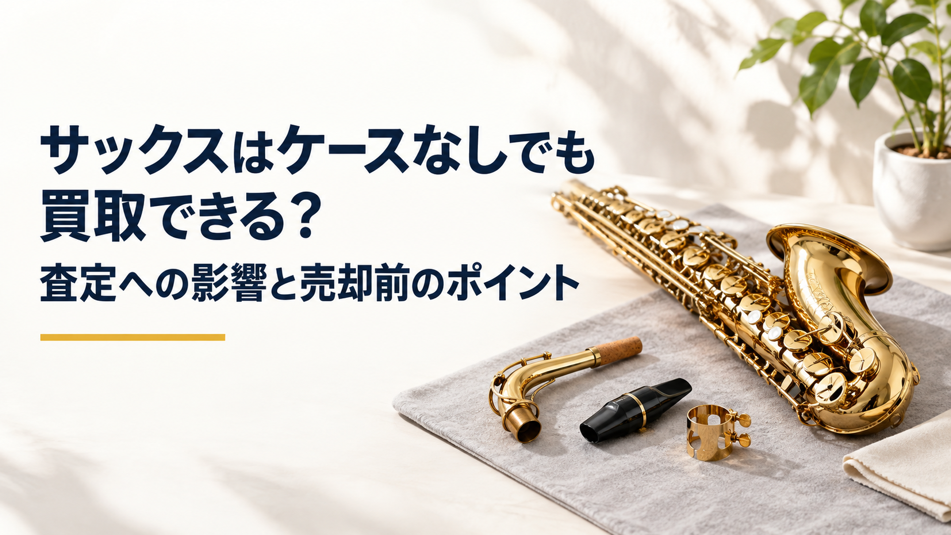 ケースのないアルトサックス本体とネック、マウスピース、リガチャーを丁寧に並べて査定準備をしている場面