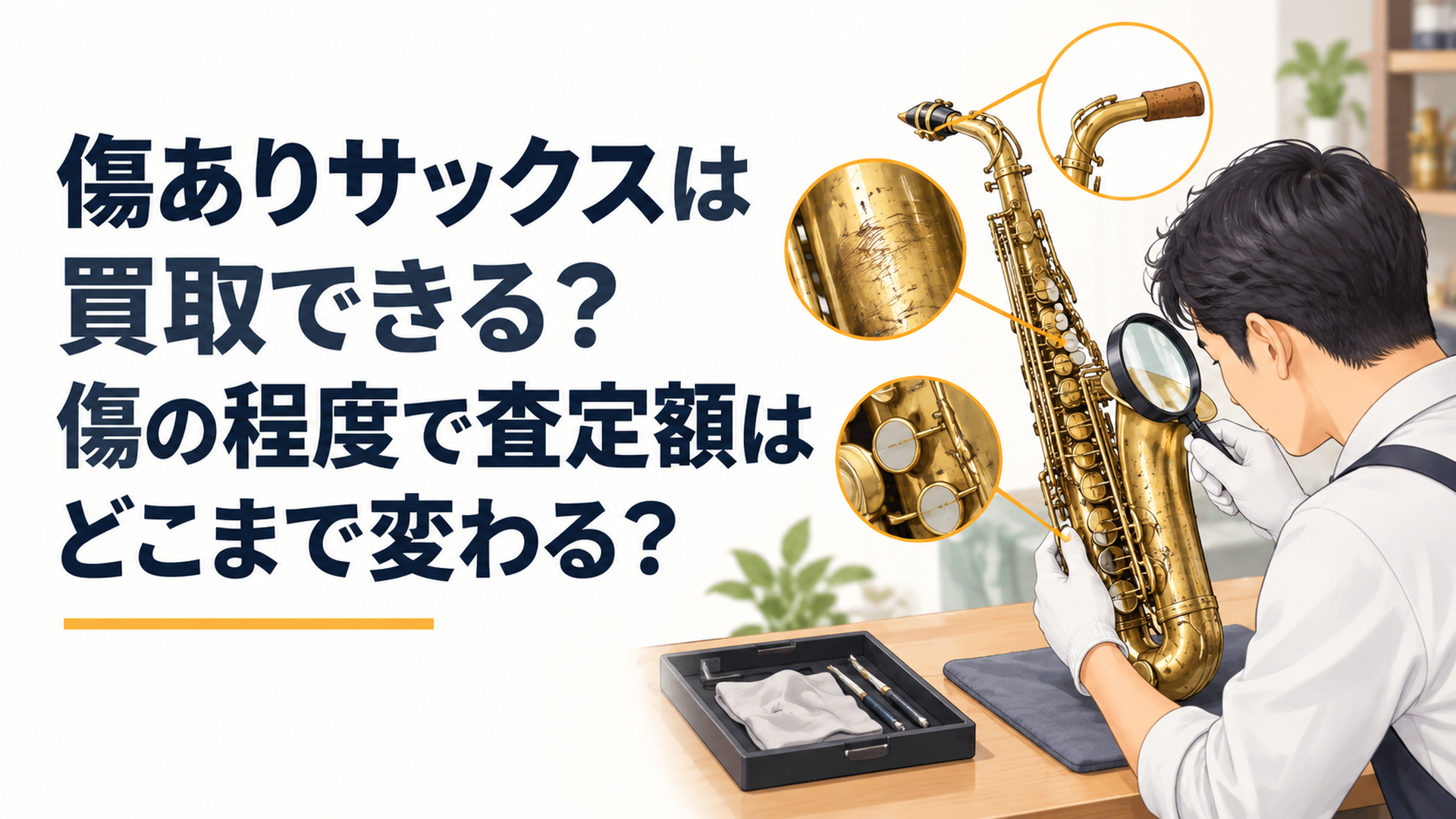 傷のある中古サックスの管体、キー、ネック周辺を丁寧に確認しながら状態を査定している場面