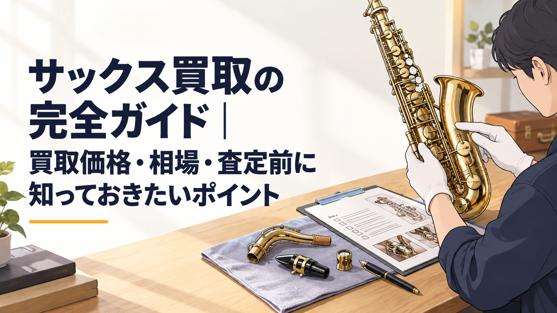 中古サックス本体とネックやマウスピースを机に並べ、型番と状態を確認している場面