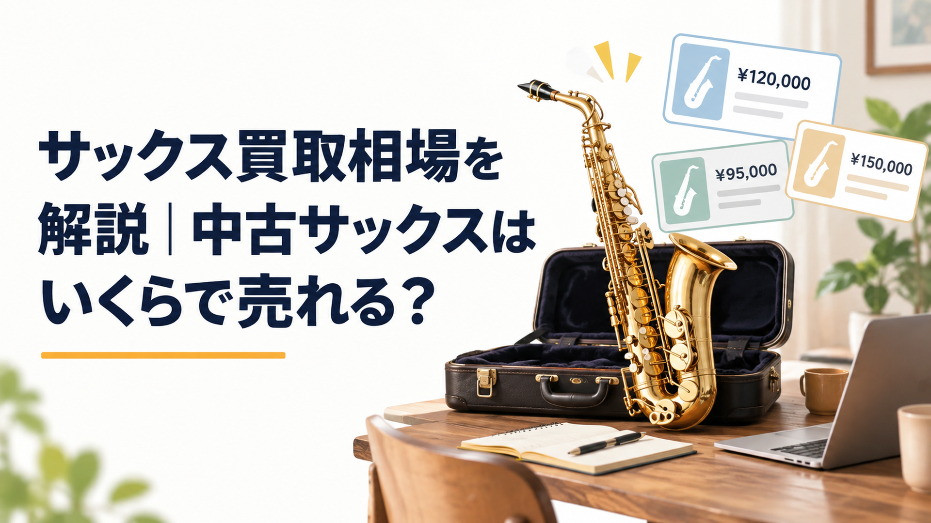 ケースから取り出した中古サックスと複数の買取価格情報を見比べながら相場を確認している場面