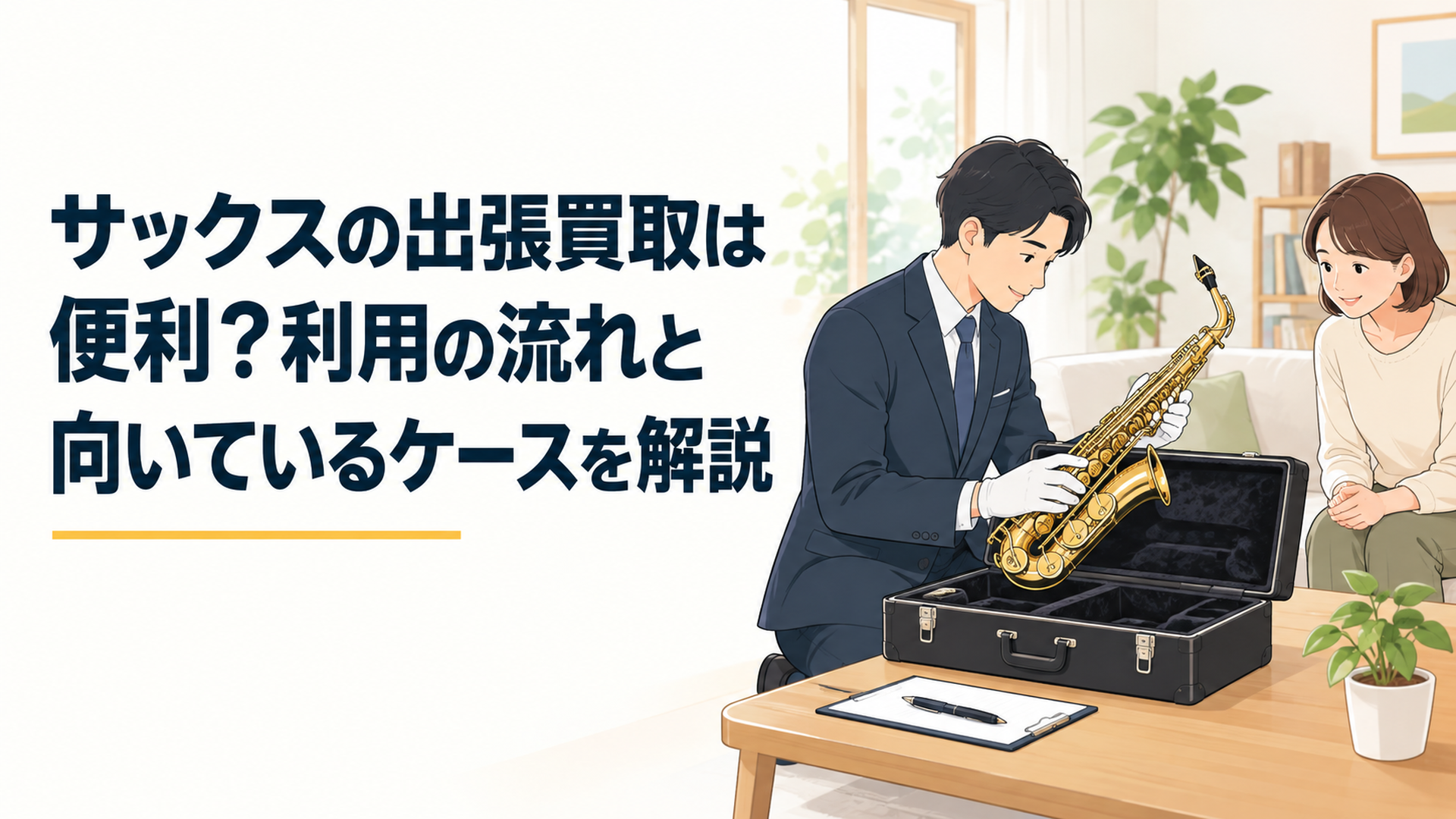 自宅でケースに入った中古サックスを査定員に見てもらい出張買取を進めている場面