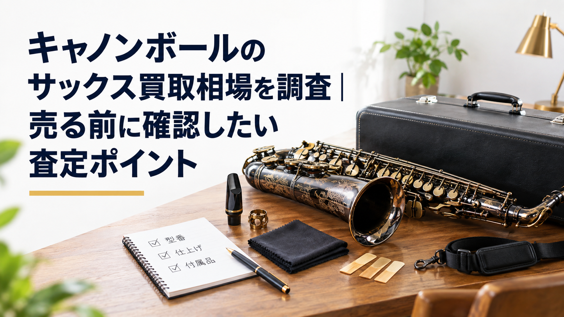 中古キャノンボール系サックスとハードケースを机に置き、型番・仕上げ・付属品を査定前に確認している場面
