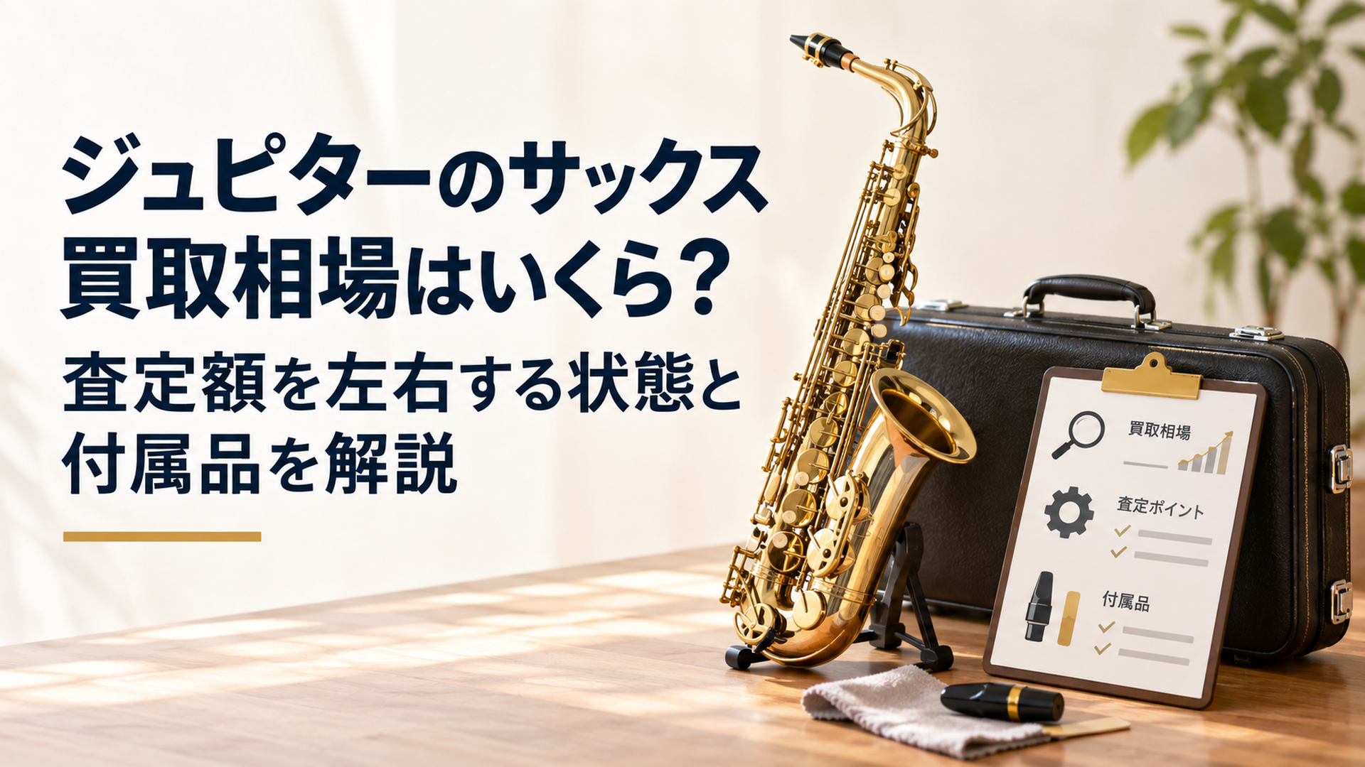 ジュピター系サックスと純正ケースを並べ、買取相場と査定ポイントを確認する場面
