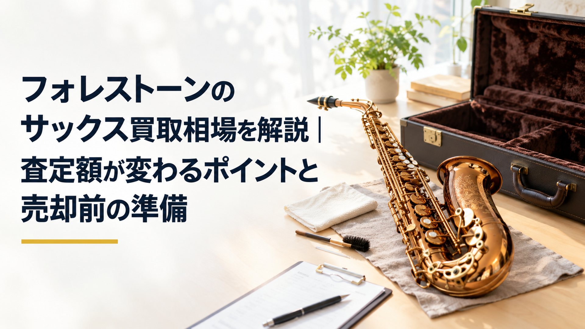 フォレストーンGX COGNACの中古アルトサックスとケースを明るい机の上に置き、査定前に本体の状態を確認している場面