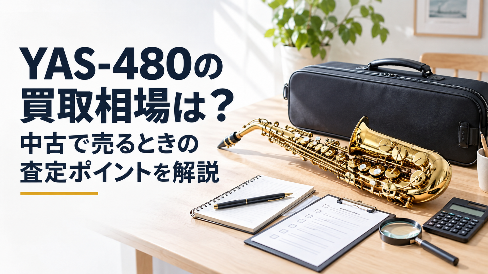 中古YAS-480とセミハードケースを明るい机上に置き、買取相場と査定ポイントを確認するイメージ