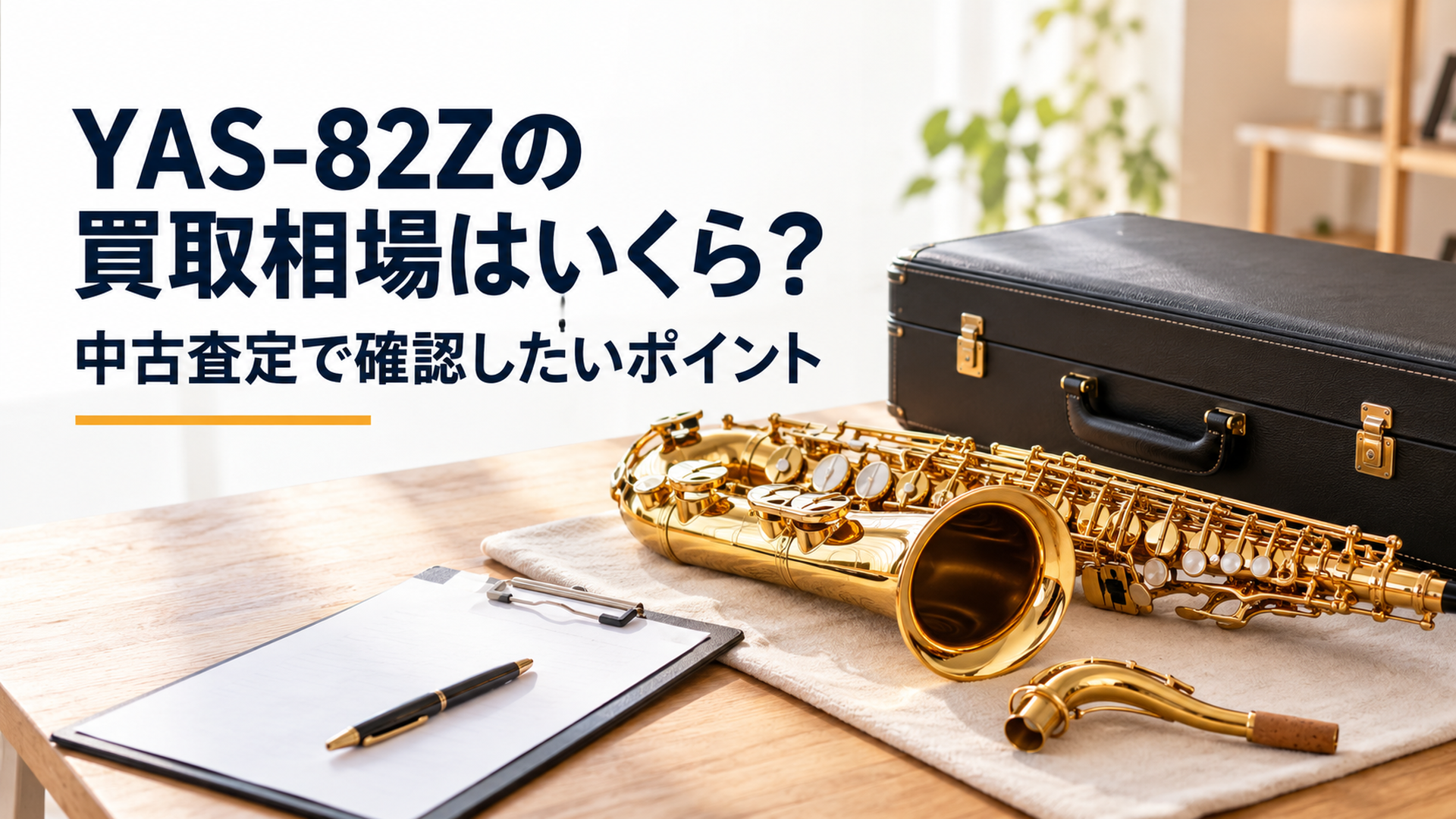 中古YAS-82Zアルトサックスと純正ケース・ネックを並べて買取査定額を確認する場面
