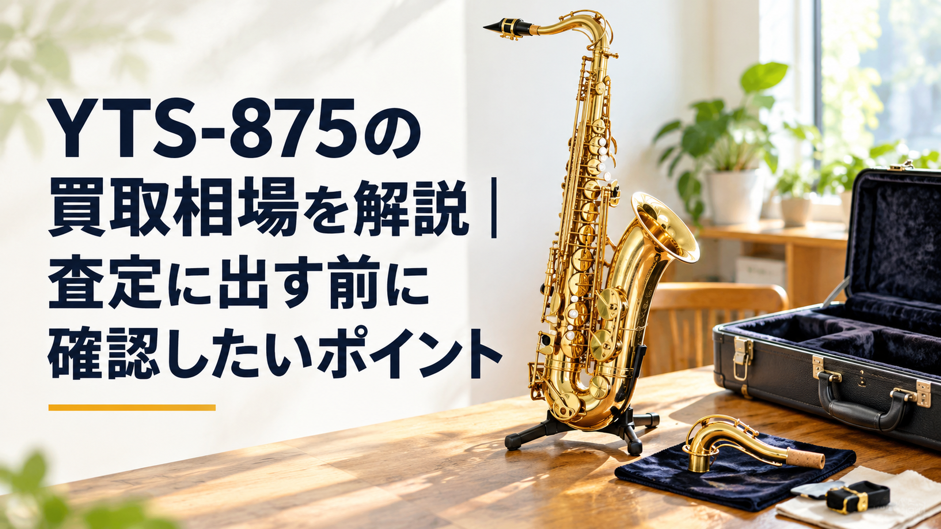 YTS-875テナーサックスと純正ケースやネックを明るい室内で確認し買取査定の準備をしている場面