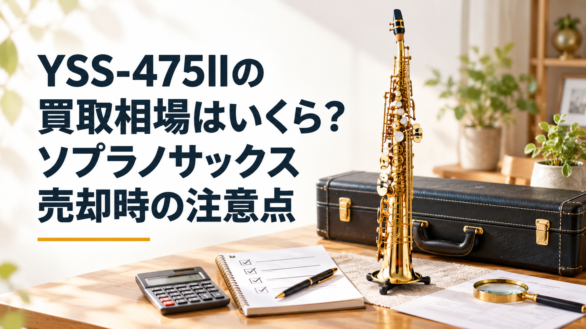YSS-475IIのソプラノサックスと純正ケースを明るい室内に置き、買取相場と査定条件を確認するイメージ