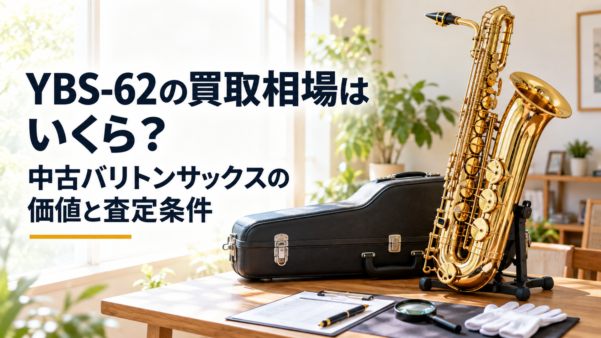 中古YBS-62バリトンサックスとケースを明るい室内に配置し、状態と査定価格を確認する場面