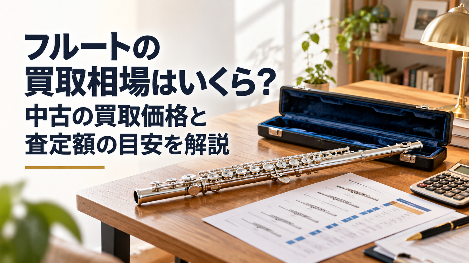 銀色のフルートと純正ハードケースを木製テーブルに置き、メーカー別の買取相場資料と査定価格を確認している落ち着いた室内