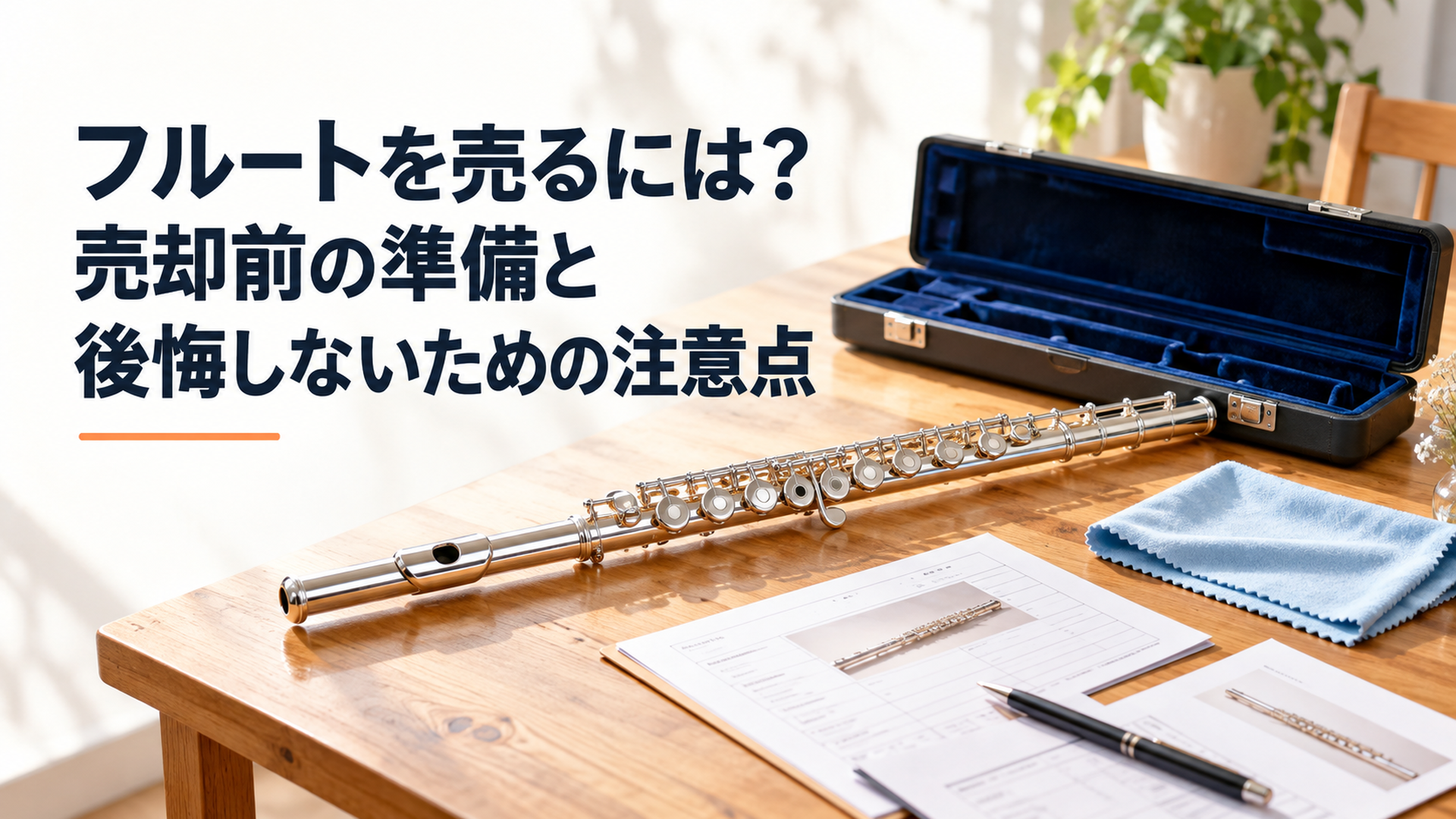 明るい木製テーブルに銀色のフルートと純正ハードケース、査定資料、柔らかなクロスを整然と並べた売却準備の風景