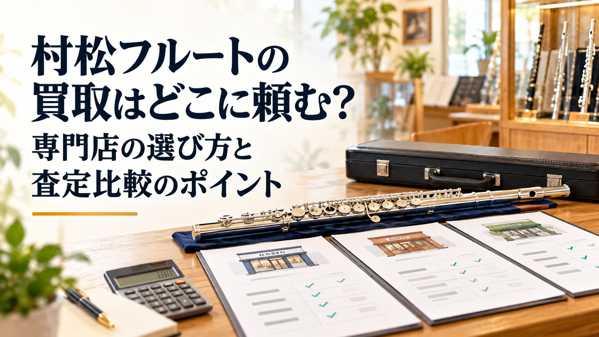 明るい楽器専門店の木製カウンターに銀色の高級フルートと純正ハードケース、複数の査定資料を並べ、専門店ごとの買取条件を比較検討する落ち着いた風景