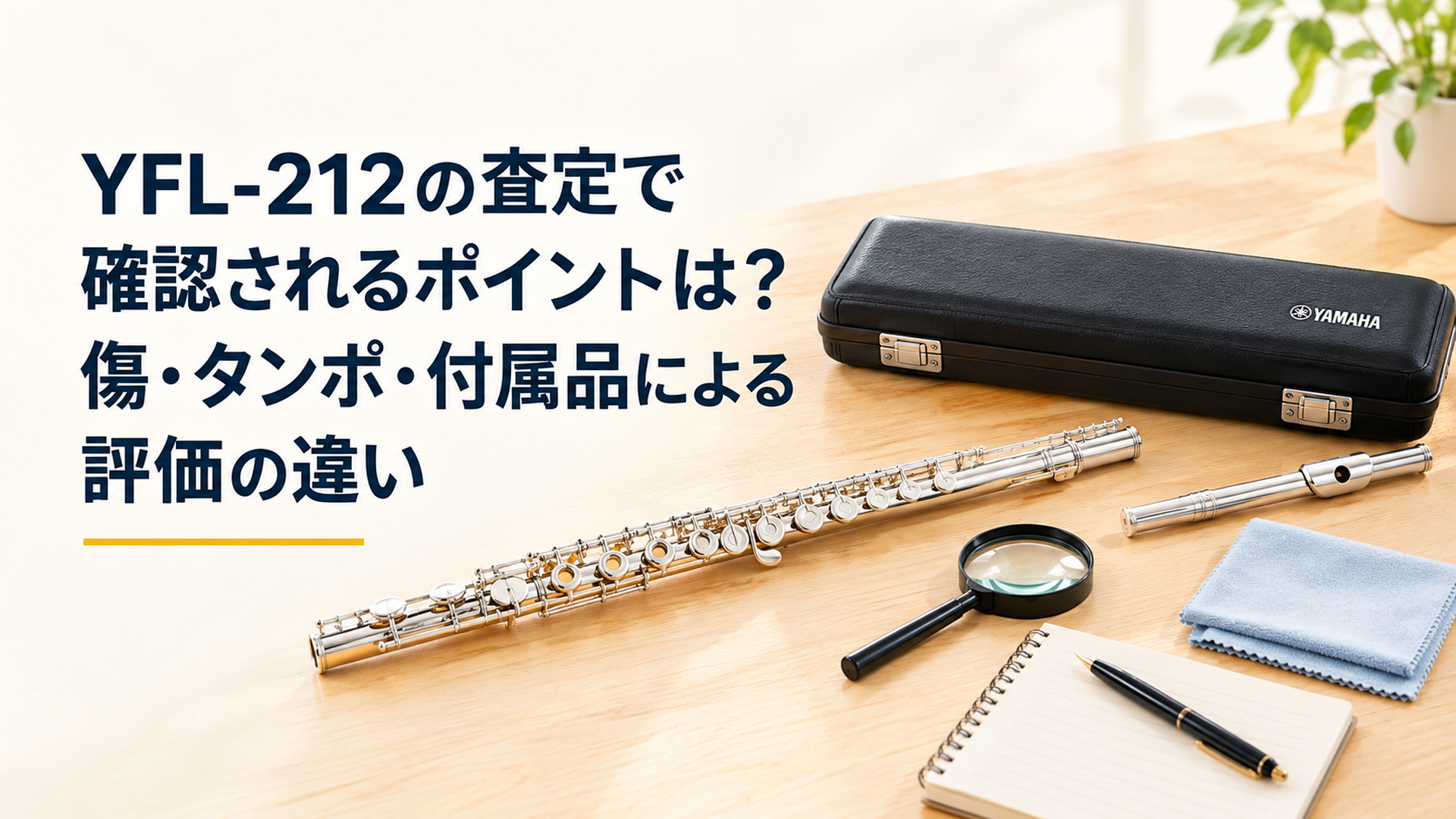 明るい木製テーブルに置かれた銀色のヤマハYFL-212フルートと純正ハードケース。タンポやキィを確認するルーペ、状態確認用ノート、柔らかいクロスを添えた清潔感のある楽器査定イメージ